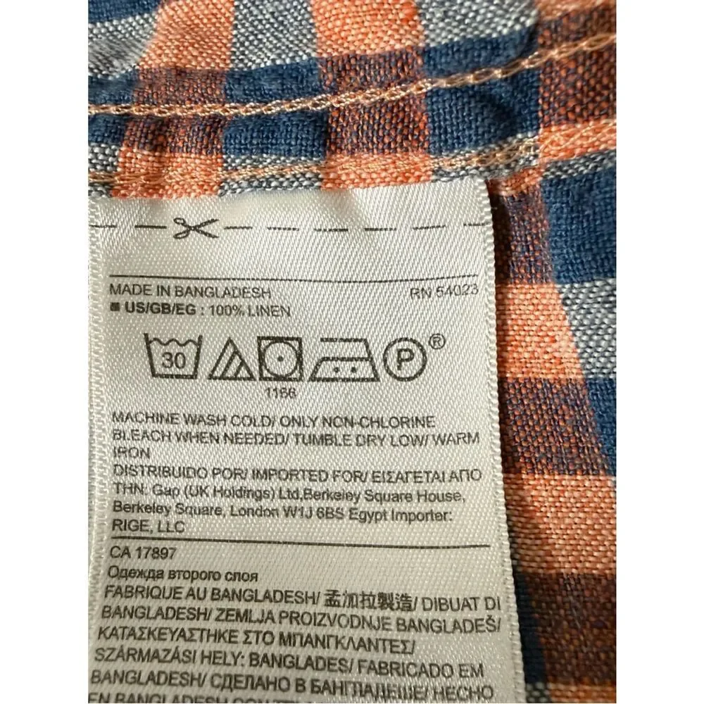 Banana Republic Camden Fit Shirt Men Sz M Blue Pink Check 100% Linen Long Sleeve